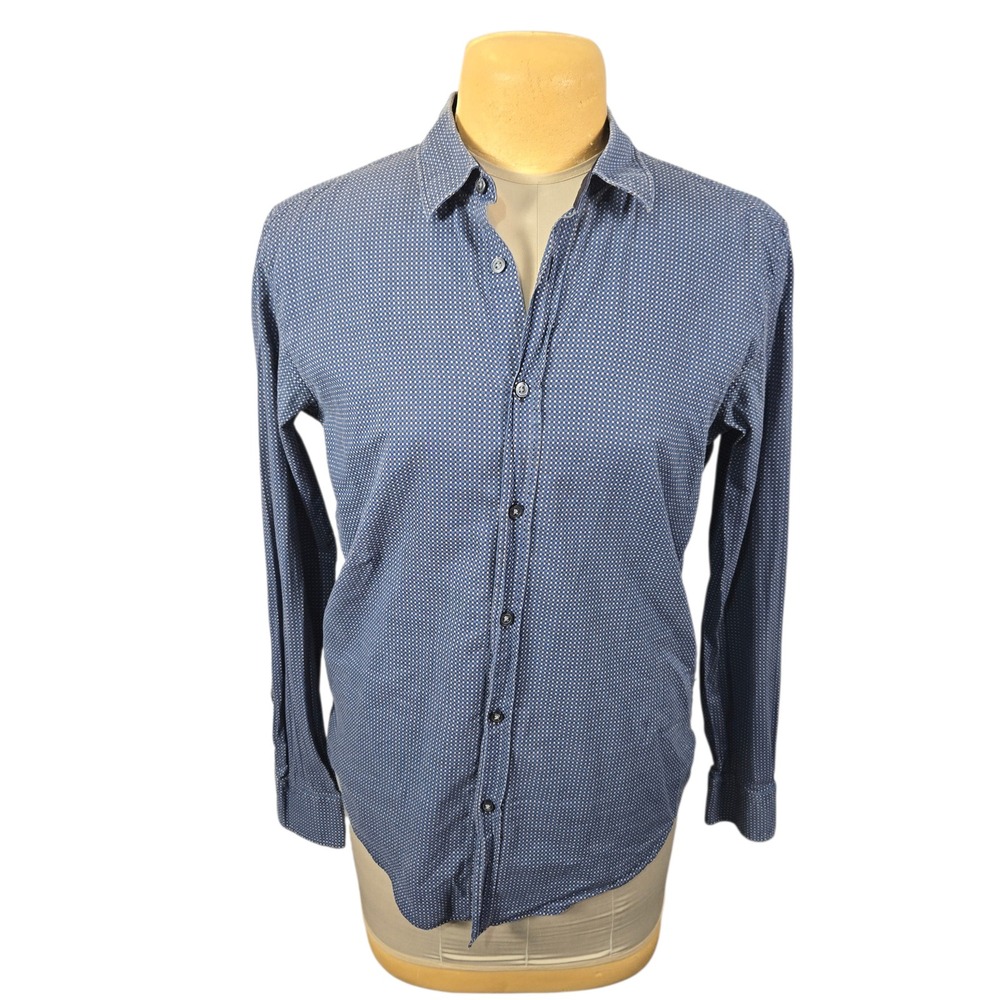 Hugo Boss Ronni 2-A-01 Mens Slim Fit Blue Micro Check Button Up Shirt Large